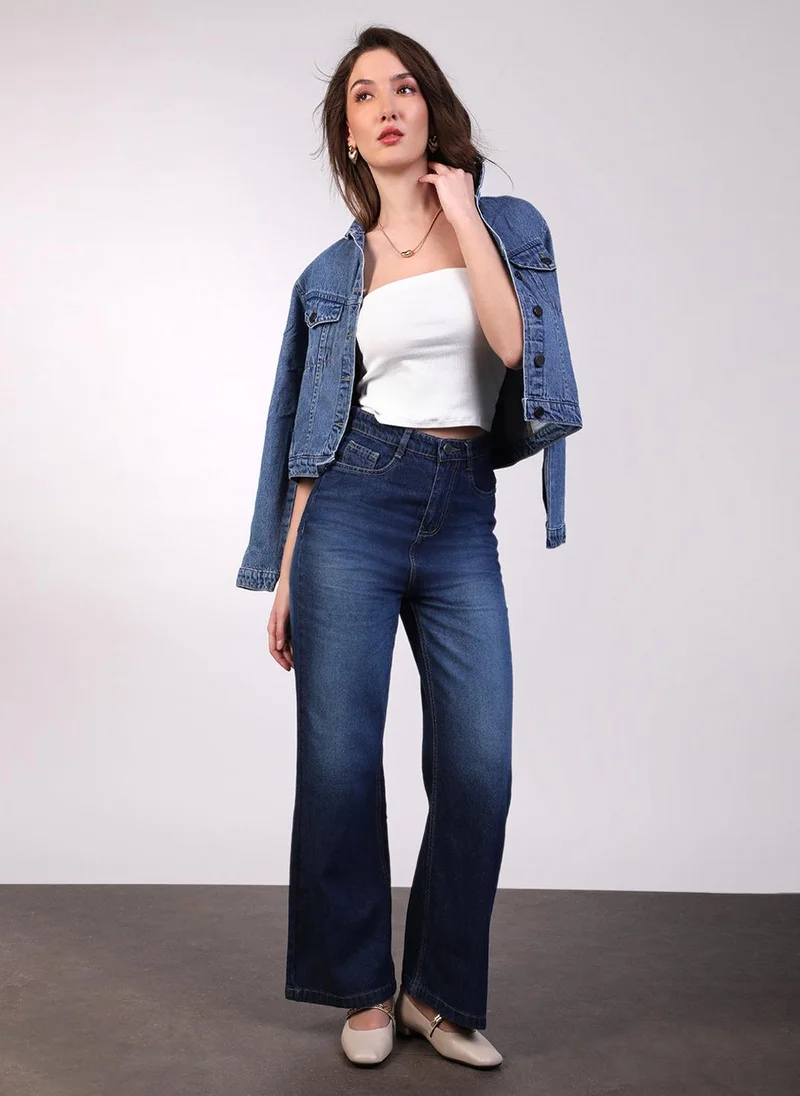 Urbano Fashion  Urbano Fashion Women's Blue Regular Fit Wide Leg Washed Jeans for Women | Best Price UAE